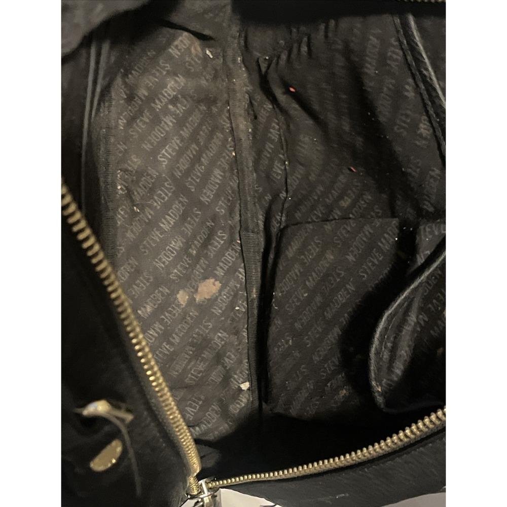 Steve Madden Small Backpack Embossed Logo Black & Gold Faux Leather Womens Bag - Picture 12 of 16